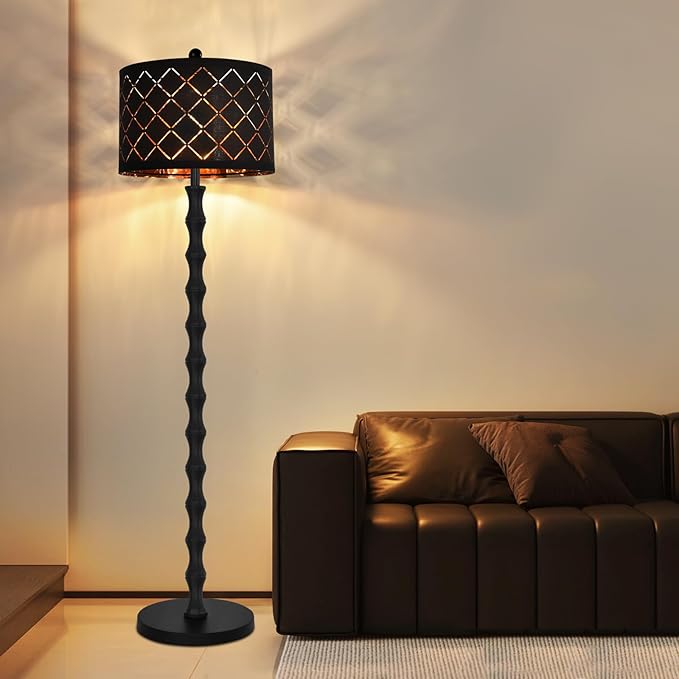 Gothic Vintage Floor Lamp for Living Room Bedroom,Black Standing Tall Lamp with Drum Lampshade,Farmhouse Unique Floor Lamps,Mid Century Modern Iron Floor Lamp for Office Corner(Bulb Included)
