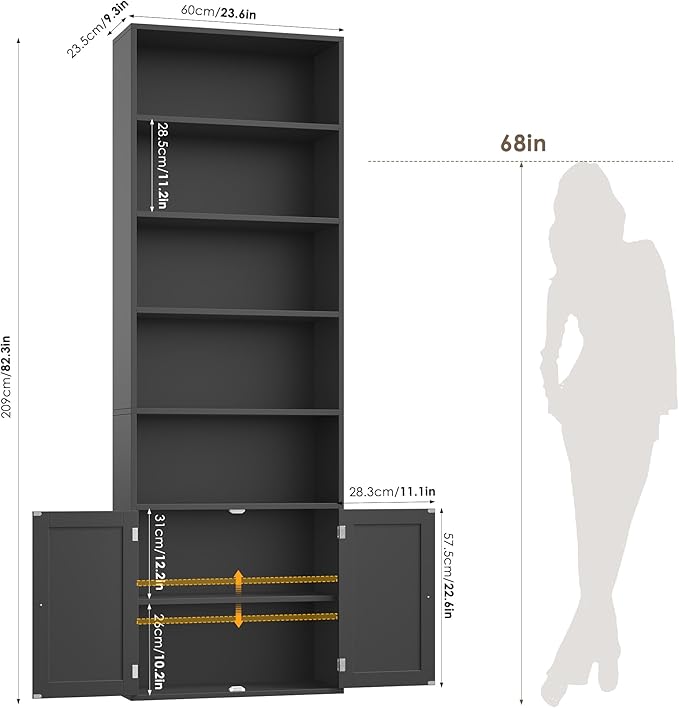 FACBOTALL 82" Tall Bookcase and Book Shelf, 24" Wide Bookshelf with Doors, 7 Tier Bookcase with Storage and Adjustable Shelf, Open and Display Farmhouse Bookshelf for Living Room, Home Office, Black
