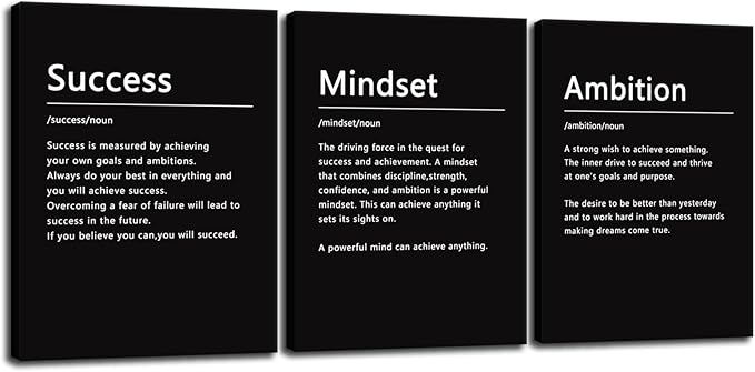 Inspirational Success Wall Art Mindset Ambition Noun Poster 3 Pieces Canvas Office Decor Inspiring Framed Prints Motivational Quotes Wall Art Decor Living Room Gym Ready to Hang[36''Wx 16''H]