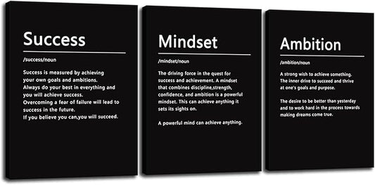 Inspirational Success Wall Art Mindset Ambition Noun Poster 3 Pieces Canvas Office Decor Inspiring Framed Prints Motivational Quotes Wall Art Decor Living Room Gym Ready to Hang[36''Wx 16''H]