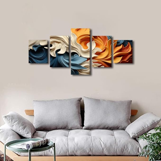 Wall Art Decor for Men Minimalist Abstract Canvas Wall Art Modern Colorful Waves Abstract Art Poster Prints on Canvas 5 Panel Living Room Decor Stretched and Framed Ready to Hang 50x24 in