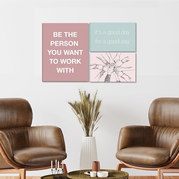 YEOION Inspirational Office Wall Art for Women,Motivational Teamwork Wall Decor for Office,Light Green and Pink Postive Quote Workplace Canvas Wall Art for Set of 6