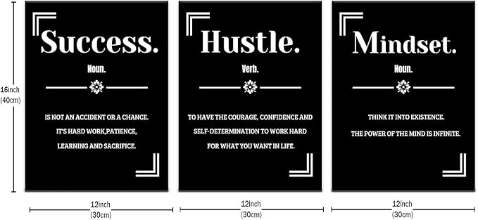 Inspirational Canvas Wall Art 3 Pieces Mindset Hustle Success Home Decor Motivational Quotes Artwork Positive Picture Painting for Bedroom Bathroom Gym Office Stretched and Framed [36''W x 16''H]
