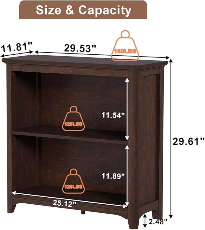 BON AUGURE Wooden Bookshelf Bookcase, 2-Tier Compact Wood Book Shelf with Adjustable Display Storage Shelves, Floor Standing Book Case for Living Room, Office, Brown Cherry