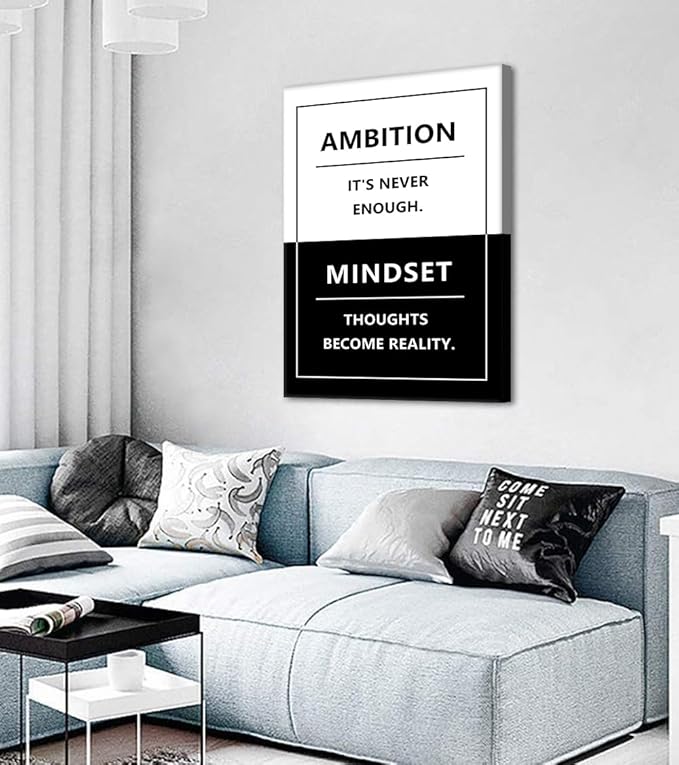Inspirational Canvas Wall Art, Black White Motivational Wall Decor Ambition & Mindset Prints Inspiring Quote Poster Positive Picture Entrepreneur Artwork for Office Living Room Home, Framed 24"x36"