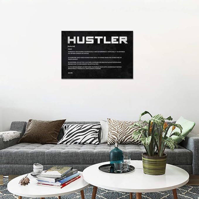 Inspirational Posters Motivational Canvas Wall Art Inspiring Hustler Noun Entrepreneur Quotes Pictures Painting Prints Artwork Decor for Home Office Framed Ready to Hang (24”Hx36”W)