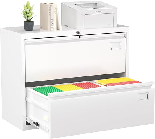 Greenvelly 2 Drawer File Cabinet, White Lateral File Cabinet with Lock, Filing Cabinet for Home Office, Lockable File Cabinets for Legal/Letter/A4/F4 Size with Hanging Files&Key