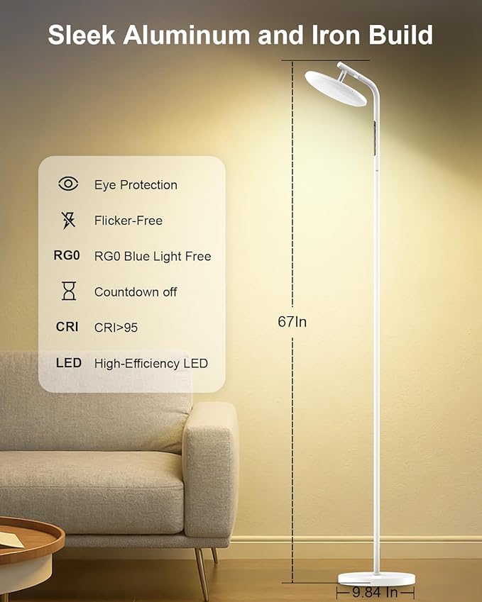 LED Floor Lamp, 36W Super Bright Standing Lamp with Remote & Touch Control, 69" Stepless Dimmable Torchiere Tall Lamp, 350° Rotating Head Floor Lamp for Bedroom, Living Room, Office, White