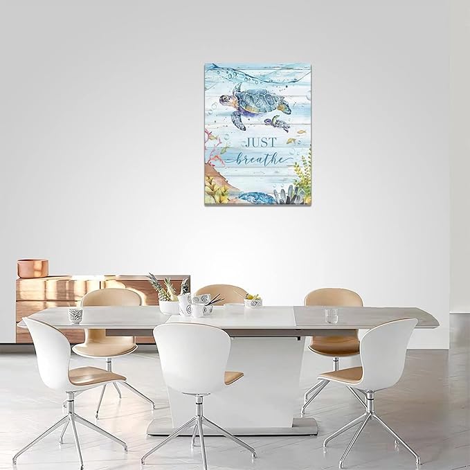 yerretin Nautical Sea Turtle Wall Art Ocean Just Breathe Pictures Wall Decor Beach Canvas Painting Modern Artwork Home Decoration for Bathroom Living Room Bedroom Office Framed 12"x16"