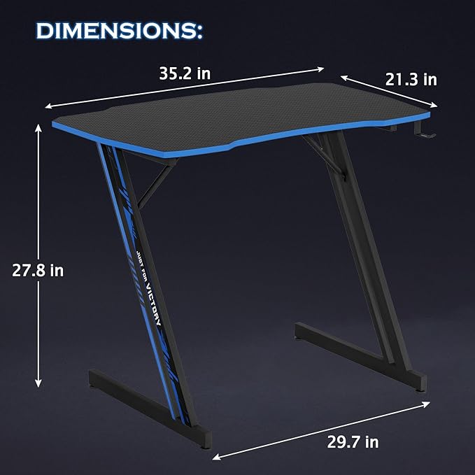 PayLessHere | 35" Gaming Table | Blue | Z-Shaped Computer Desk with Steel Frame, Headphone Hook, Adjustable Feet | Carbon Fiber Texture Surface, Sweat & Waterproof | for Gaming, Home Office