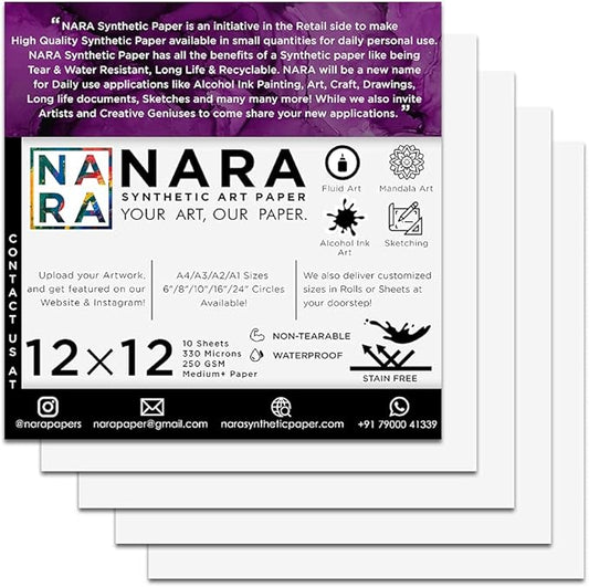 NARA Alcohol Ink Paper | White | 12 inches x 12 inches (12”x12”) | 330 microns/250 GSM | Medium+ Paper | 10 Sheets | Paper for Alcohol Ink Art Painting | 100% Stain-Free