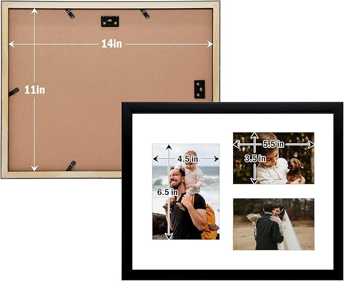 Golden State Art, Set of 2, 11x14 Black Wood Picture Frame - White Mat for 5x7 And 4x6 Photos - Tempered Glass, Sawtooth Hanger, Swivel Tabs - Wall Mounting - Great for Gift