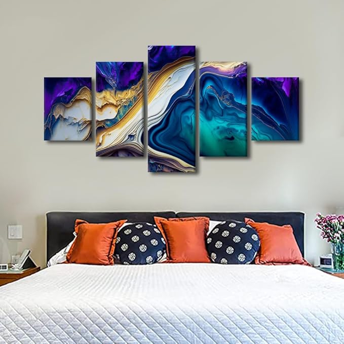 Abstract Art Canvas Wall Art Decor Modern Room Wall Art for Men Swirls of Multi Color Marble Picture Printing 5 Panel Poster for Cool Girl Cool Boy Bedroom Decor Stretched Ready to Hang 60x32 in