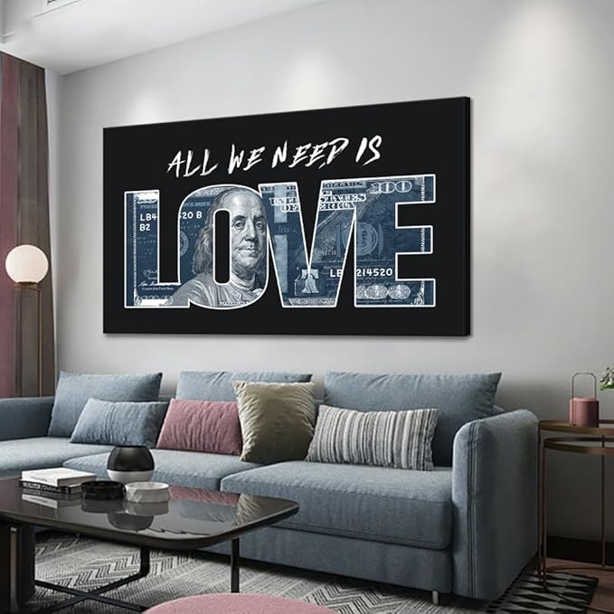 Inspirational Money Dollar Canvas Paintings Wall Art All We Need Is Love (Money) Artwork Modern Home Decor Motivational Framed Office Art Easy to Hang-28x44 inches