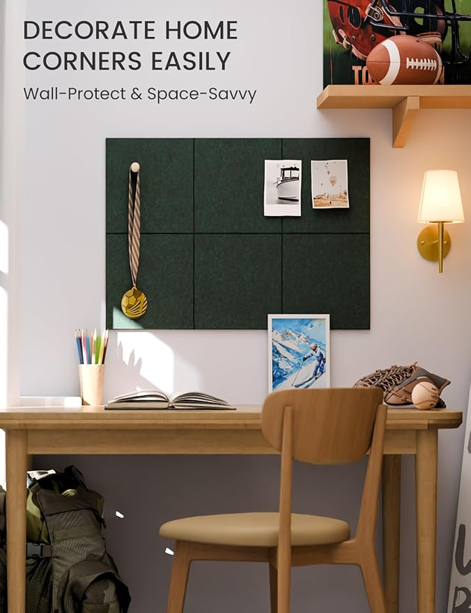 Fluxynara Felt Bulletin Board Tiles -28"x18" Cork Board Alternative for Office Decor, Push Pin Board Wall Organizer 6-Pack -Pine Green