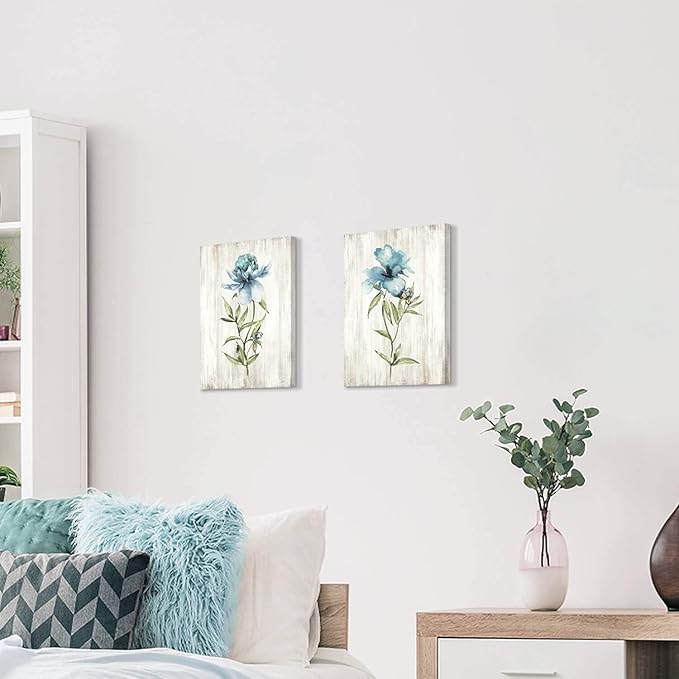 Flower Painting Canvas Wall Art: Blue Botanical Floral Artwork Wildflower Picture Print for Living Room (12'' x 16'' x 2 Panels)