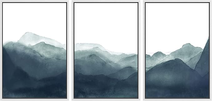 SIGNWIN Framed Canvas Print Wall Art Blue & Green Mountains in Fog Nature Wilderness Illustrations Modern Art Rustic Scenic Relax/Calm Cool for Living Room, Bedroom, Office - 16"x24"x3 White