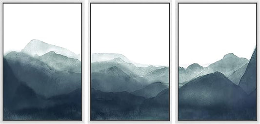 SIGNWIN Framed Canvas Print Wall Art Blue & Green Mountains in Fog Nature Wilderness Illustrations Modern Art Rustic Scenic Relax/Calm Cool for Living Room, Bedroom, Office - 16"x24"x3 White