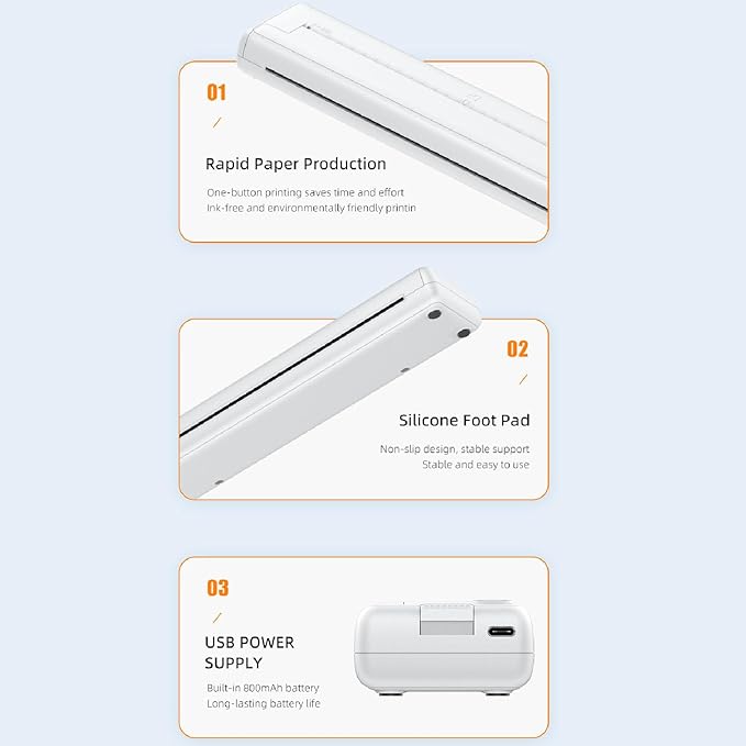 ANGGREK Portable Printer, Inkless Printing, Multiple Sizes, Connection, Clear Printing, Lightweight and Versatile, for Home School Travel Office, with APP for Applicable