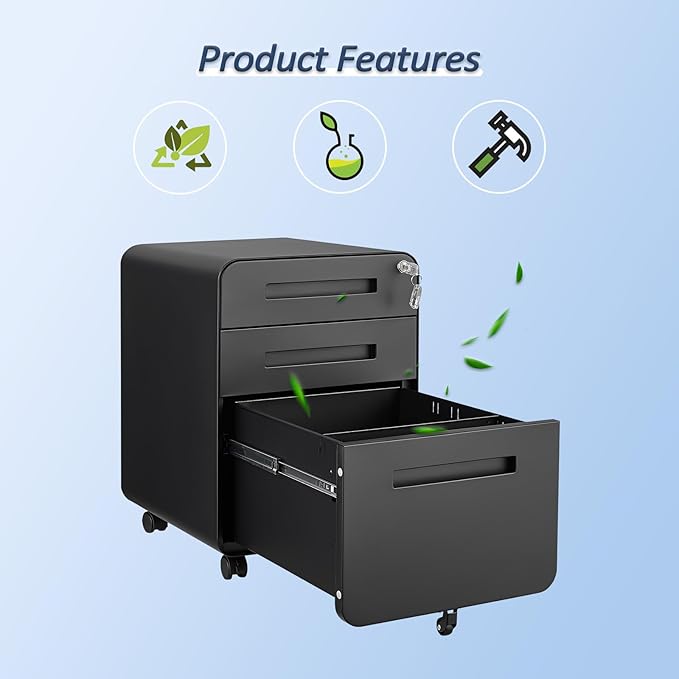 3 Drawer Mobile File Cabinet with Lock, Under Desk Storage Filing Cabinet for Home Office, Small Rolling File Cabinet for Legal, Letter and A4 Files (Black2)