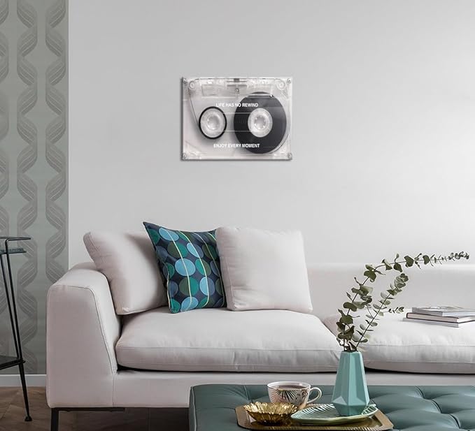 Cassette Music Wall Art with Life Has No Rewind Enjoy Every Moment Motivation Words,Inspirational Vintage Framed Art Posters Stretched and Framed Ready to Hang -12"X16"