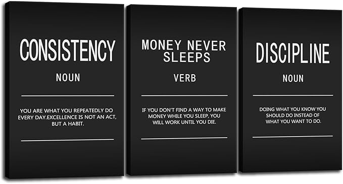 Money Never Sleeps Verb Inspirational Painting Wall Art 3 Pieces Canvas Print Office Wall Decor Discipline Consistency Noun Poster Framed Motivational Quotes for Wall Art Home Gym Decor[72" W X 36" H]