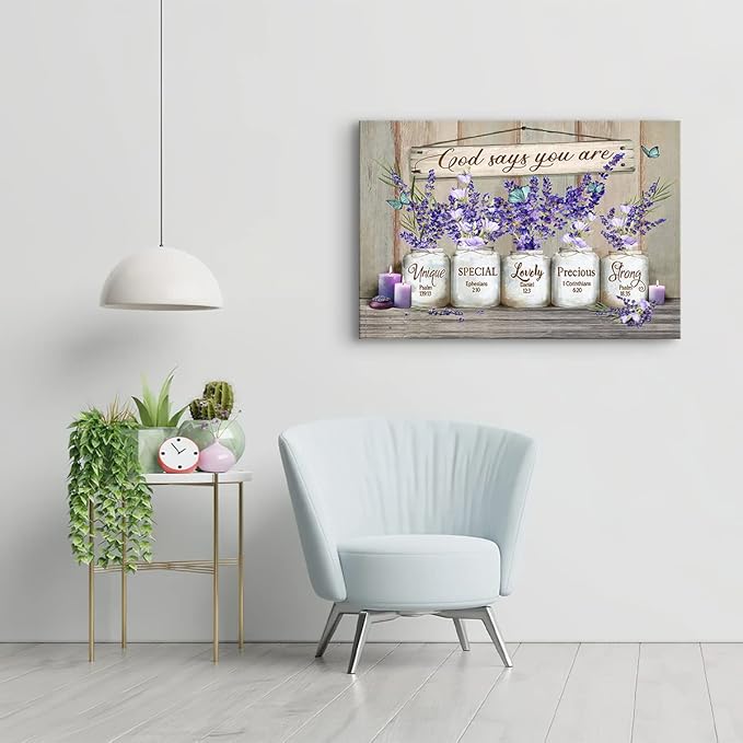 Parylore God Says You Are Canvas Wall Art Inspirational Lavender Butterflies Wall Decor Marson Jars Bible Verses Picture Framed Modern Artwork for Bedroom Bathroom Office Home Decor 12x16 In