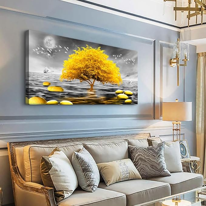 Wapluam Canvas Wall Art - Large Wall Decor for Living Room, Bedroom & Office - Modern Black & White View with Yellow Tree Pictures - 40x20 in