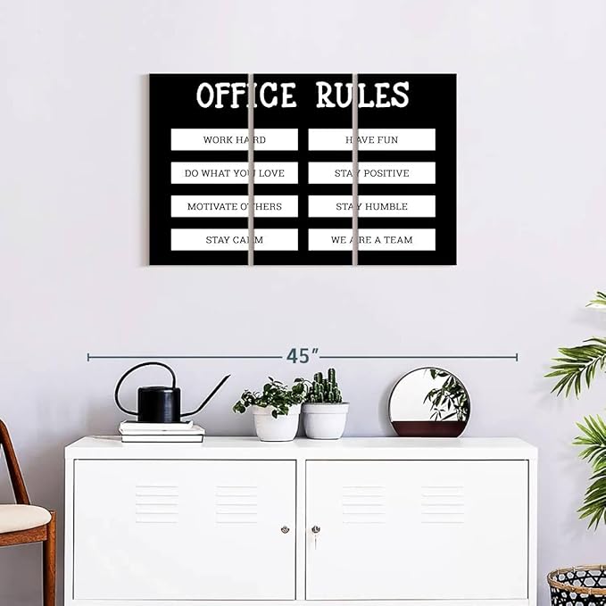 Elephant Stock - Office Rules Wall Art - Horizontal Multi Panel Canvas - 3 Piece Home Office Wall Decor - Digital Art Motivational Typography Multi Piece Wall Art - Black And White Decor by Cad Designs - 33" x 20"