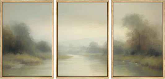 SIGNWIN Framed Wall Art Print Set Misty River Landscape Soft Neutral Nature Scene Photography Modern Art Closeup Relax/Calm Dark for Living Room, Bedroom, Office - 16"x24"x3 Natural
