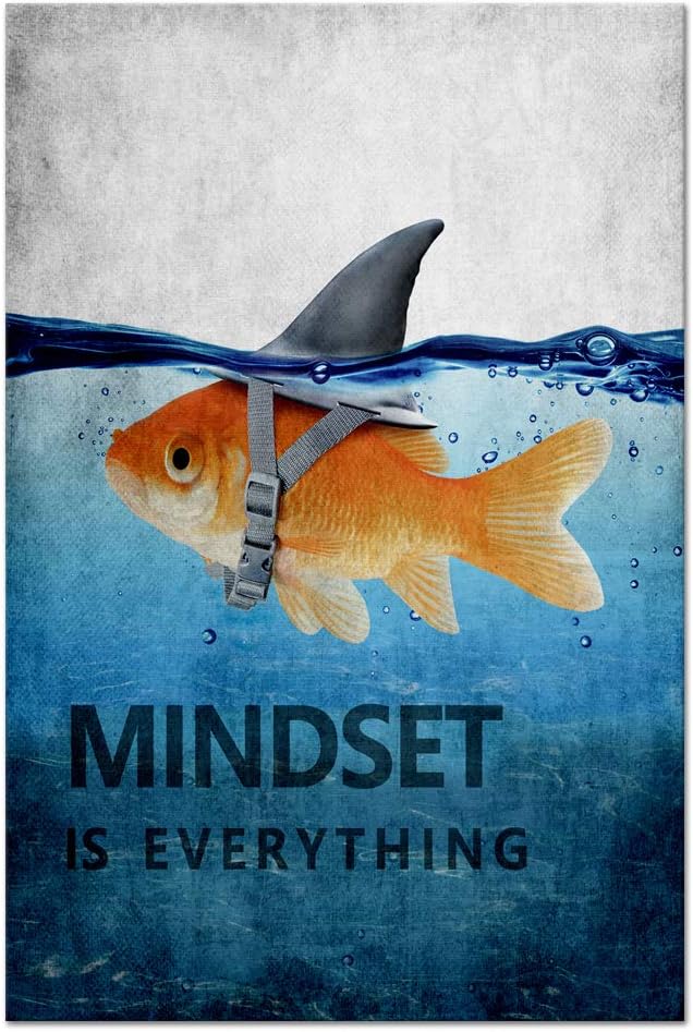 Goldfish Shark Canvas Wall Art Inspirational Entrepreneur Quotes Poster Mindset is Everything Motivational Painting Picture Print Artwork for Living room Bedroom Office Home Decor Framed (12" Wx16 H)