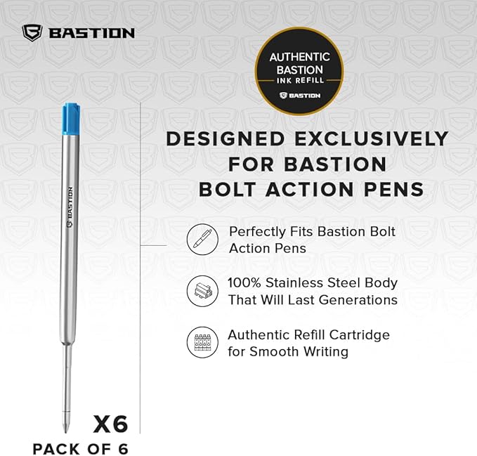BASTION® Premium Pen Refill, Deeply Pigmented Ink for All Bolt Action Luxury Pens, Standard Ink Refill with 0.55mm Fine Tip - Blue Gel, 6 PC