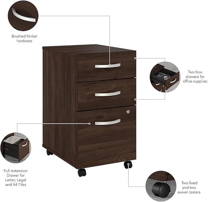 Bush Business Furniture Hybrid 3 Drawer Mobile File Cabinet-Assembled, Black Walnut