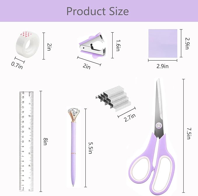 suniya Office Supplies,Desk Accessories,with Stapler,Tape Dispenser,Staple Remover,Scissor,Ballpoint Pen,Sticky Notes,Clear Tape,Staples,Desk Organizer,Ruler,Binder,Best Gift Set(Purple)