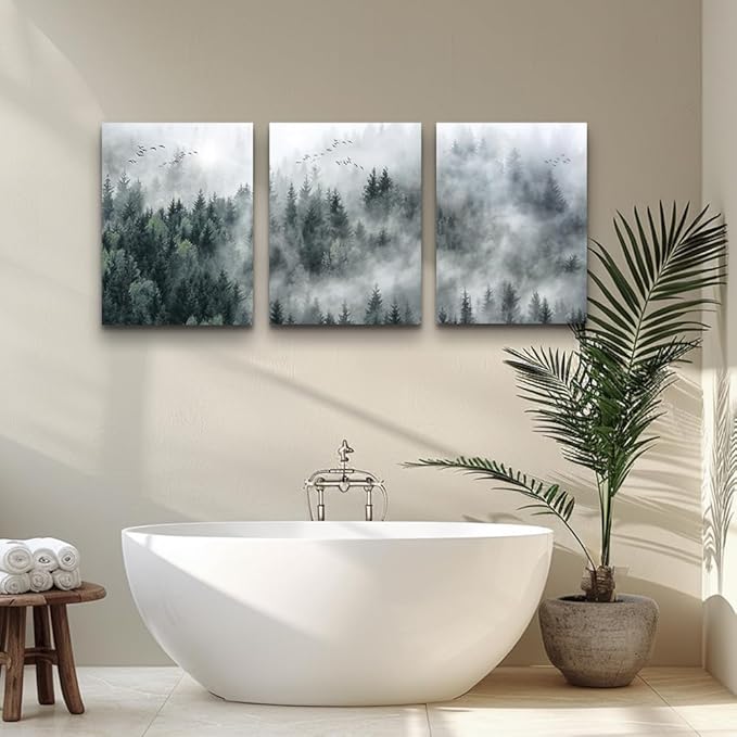 MHARTK66 Wall Decor Living Room Large Size Canvas Wall Art For Bedroom Foggy Forest Trees Landscape Wall Painting Office Decor Wall Decorations Ready To Hang Framed Wall Pictures Home Decor 3 Pieces