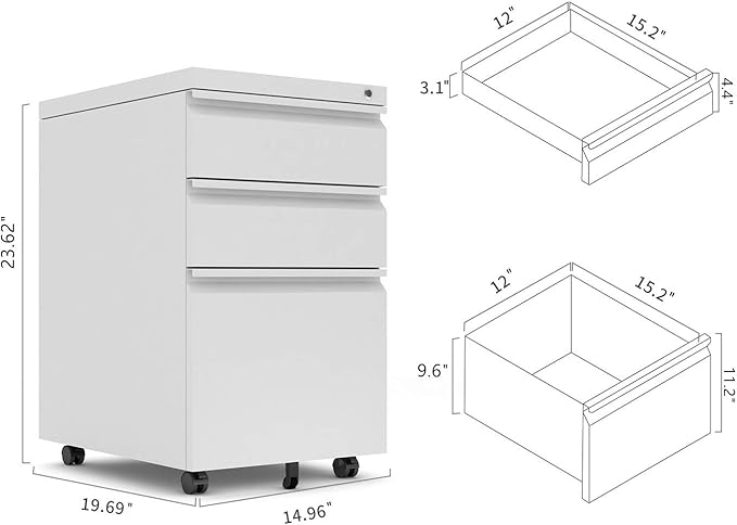 Anwick 3 Drawer Mobile File Cabinet with Lock, Under Desk Metal Filing Cabinet for Legal/Letter/A4 File, Fully Assembled Except Wheels (White)