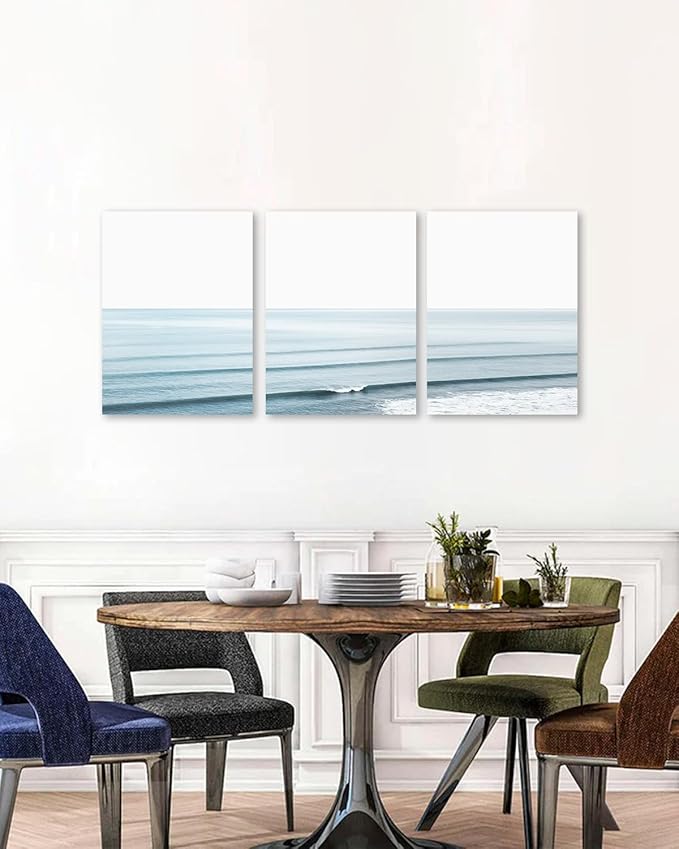 KBKBART Framed Canvas Wall Art Prints Ocean Wall Art Set of 3, Beach Wall Decor,Modern Waves Print Coastal Artwork for Walls, Beach Blue Sea Poster for Bathroom, Bedroom Decor - 12"x16"