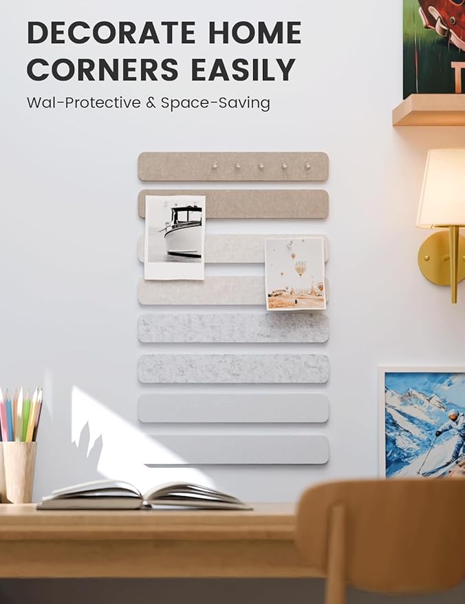 Cork Board Alternative Felt Strip Board 8-Pack 13"x2", Office Pin Board with 50 Push Pins, Adhesive Install for Bedroom Door & Home Office(Stone Beige)