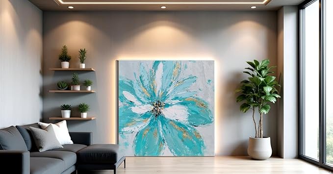Yihui Arts Hand Embellished Floral Canvas Wall Art with Textured Details & Gold Foil Accents, Modern Teal Flower Painting for Home Decor