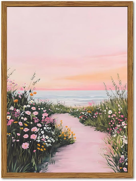 Framed Vintage Landscape Wall Art, Pink Floral Coastal Pictures Wall Decor, Rustic Wildflower Nature Paintings Canvas Prints Home Decor Aesthetic for Living Room Bedroom Bathroom 16x24 inch