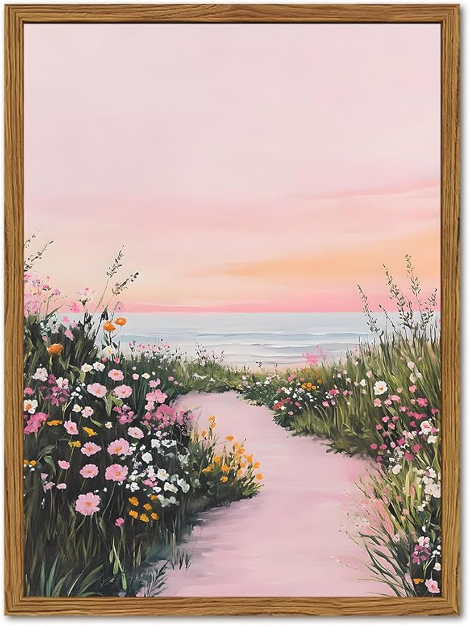 Framed Vintage Landscape Wall Art, Pink Floral Coastal Pictures Wall Decor, Rustic Wildflower Nature Paintings Canvas Prints Home Decor Aesthetic for Living Room Bedroom Bathroom 12x16 inch