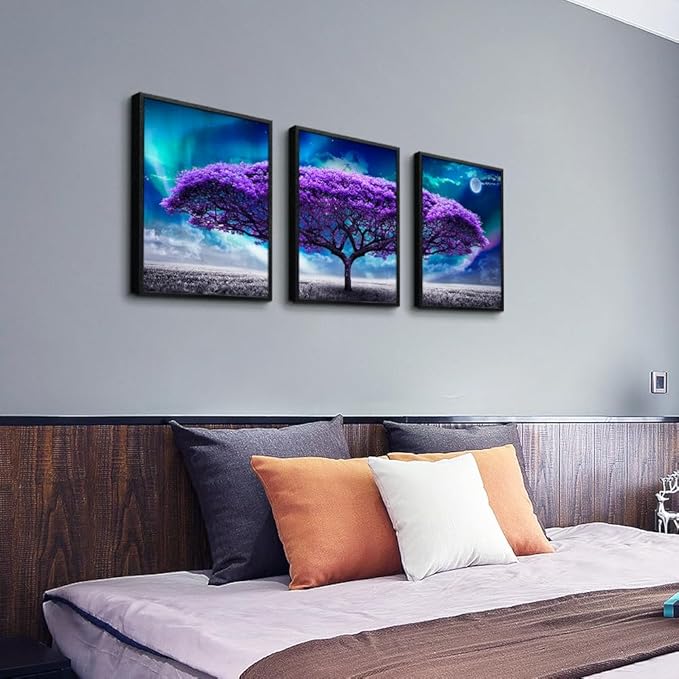 Lapremoly Black Framed Wall Art For Living Room Large Size Decor Bedroom Pictures Aurora Purple Tree Scenery Painting Office Modern Home Decorations Set Of 3 Piece Prints