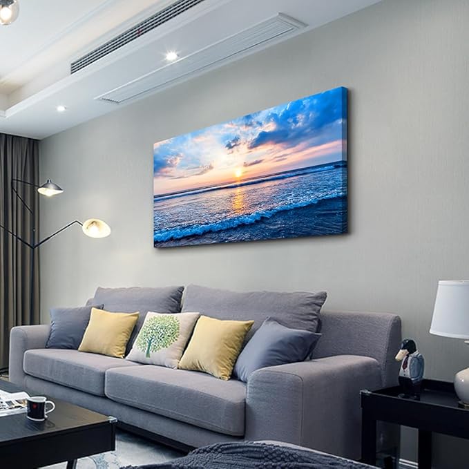 Wapluam Canvas Wall Art For Living Room Large Wall Decor Office Bedroom Home Decorations Blue Beach Ocean Sea Waves Landscape Wall Painting Posters Prints Pictures Wall Mural Artwork 24 X 48 in