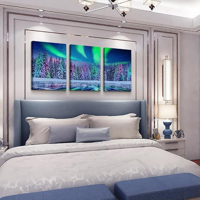 Lapremoly Canvas Wall Art For Living Room Wall Decorations For Bedroom Stretched And Framed Canvas Prints Paintings Aurora Scenery Pictures 3 Piece Bathroom Wall Decor Ready To Hang For Home Decor
