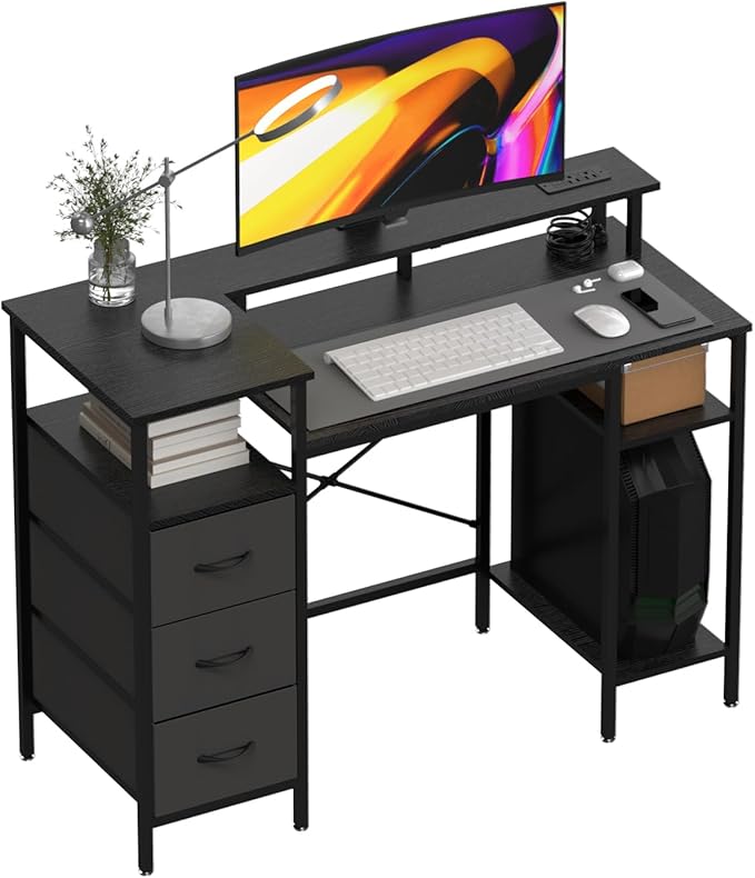 VINGLI 47 Inch L-Shaped Computer Desk, Small Computer Gaming Desk with Fabric Drawers & Storage Shelves, Charging Station, Monitor Stand for Home, Office, Black