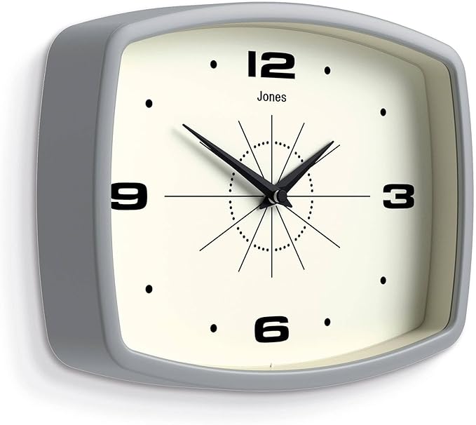 JONES CLOCKS® Movie wall Clock | Retro Rectangular Clock | 10 inch | Gray | Cool mid-Century Designer Look for Kitchen, Living Room or Office