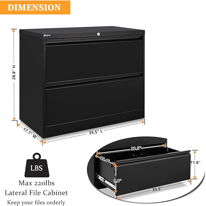 Bonnlo 35.5" Wide 2 Drawer File Cabinet with Lock, Black File Cabinets for Home Office, Metal Lateral File Cabinet & Printer Stand with Minimalist Design for Letter/Legal Size File Folders with Tabs