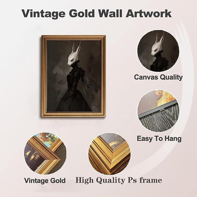 Gold Framed Wall Art Vintage Canvas Wall Art Rabbit Lady Aesthetic Dark Academia Easter Bunny Artwork Prints Picture for Living Room Bedroom Farmhouse Bathroom Office Decor, 12x16