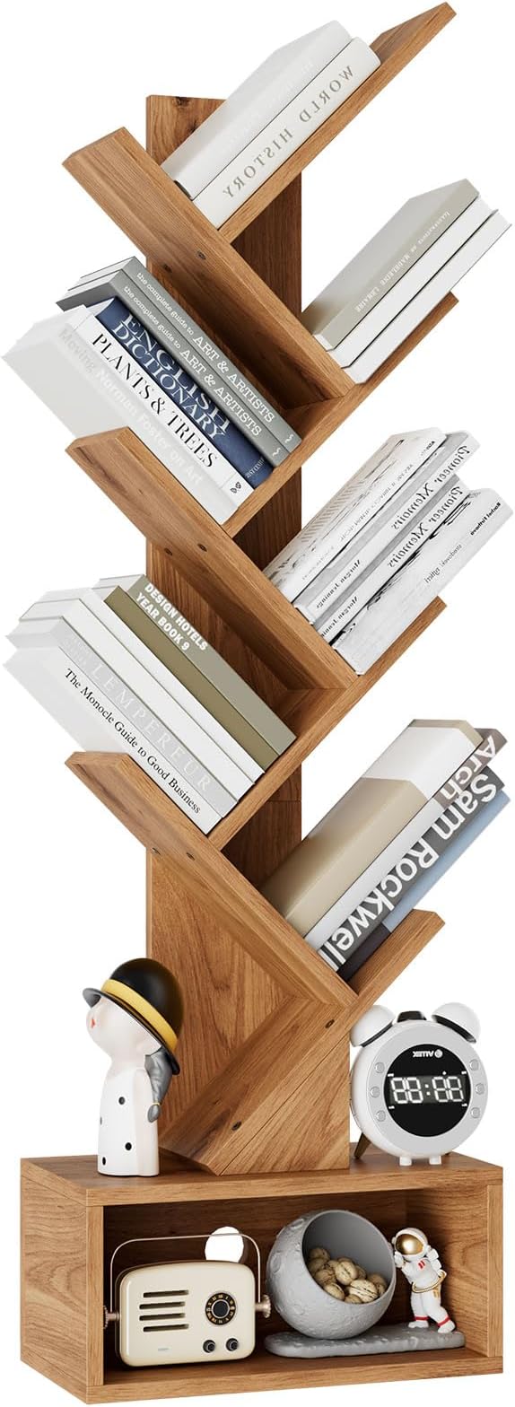 YMYNY 6 Tier Tree Bookshelf, Tall Bookcase, Wood Book Storage Rack with Drawer, Modern Floor Standing Book Shelf for Books/Movies/CDs, Utility Organizer for Living Room,Light Oak UHBC016K