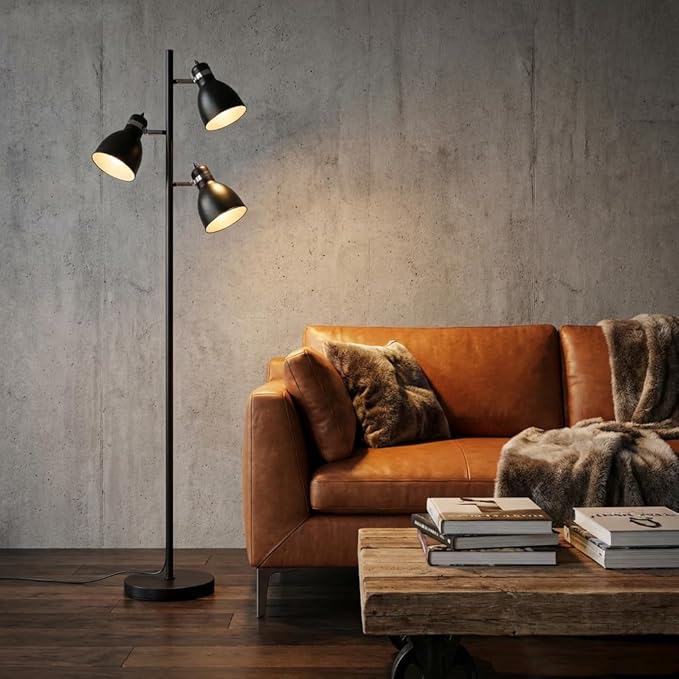 FIRVRE Modern Tree Floor Lamp for Living Room,Industrial 3-Light Standing Lamp, Black Adjustable Rotation Heads, Standing Tall Pole Lamp Farmhouse Rustic Reading Lamps for Bedroom Office